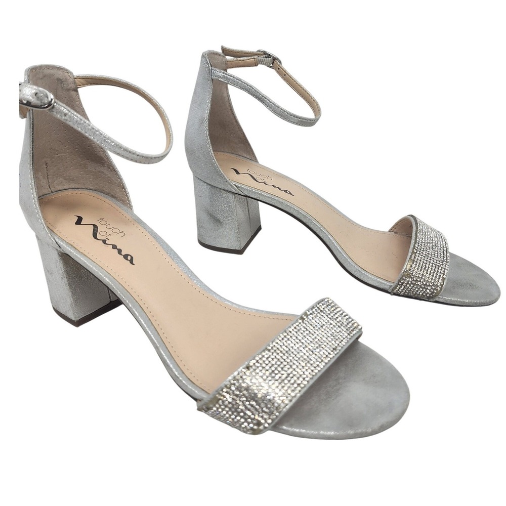 Touch of Nina Silver Metallic Rhinestone Block‎ Heel Sandals Womens 8M Wedding